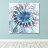 Vlaams Abstract Modern Flower W. Blue Triptych Canvas Afdruk (Insitu (Houten vloer))