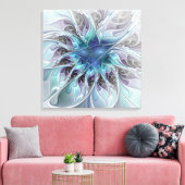 Vlaams Abstract Modern Flower W. Blue Triptych Canvas Afdruk (Insitu (Woonkamer))
