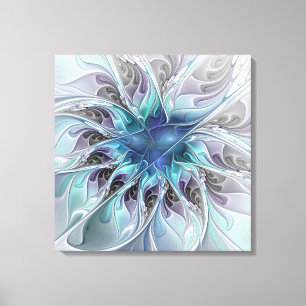 Vlaams Abstract Modern Flower W. Blue Triptych Canvas Afdruk
