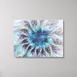 Vlaams Abstract Modern Flower W. Blue Triptych Canvas Afdruk
