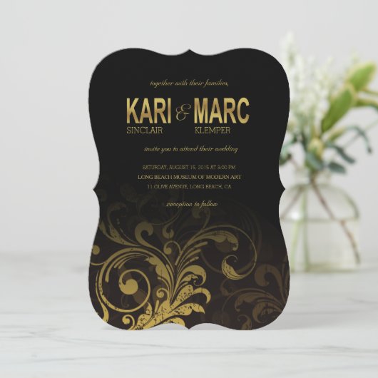 Vlaams Scroll Wedding | zwart en goud Kaart (Staand voorkant)