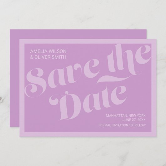 Vlaams Typografiellavender Lila Opslaan Datum Save The Date (Voorkant / Achterkant)