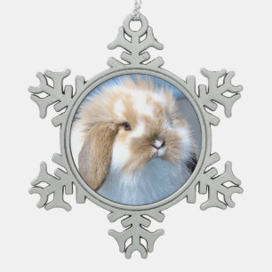 Vlaams wit en bruin konijn tin sneeuwvlok ornament