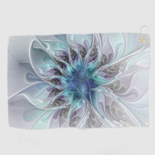 Vlaamse, Abstracte, moderne blauwe bloem fractale  Golfhanddoek (Horizontaal)