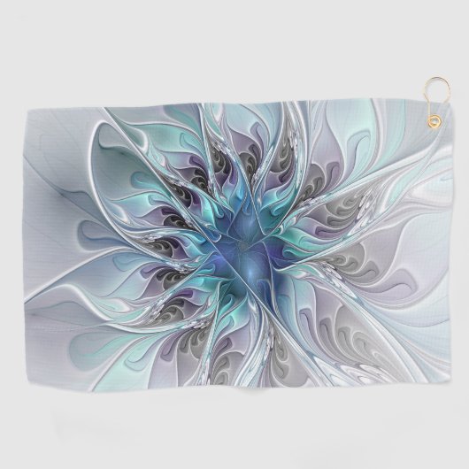 Vlaamse, Abstracte, moderne blauwe bloem fractale  Golfhanddoek (Horizontaal)