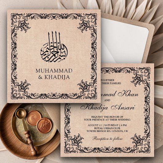 Vlaamse Grens Burlap Islamic Wedding Kaart
