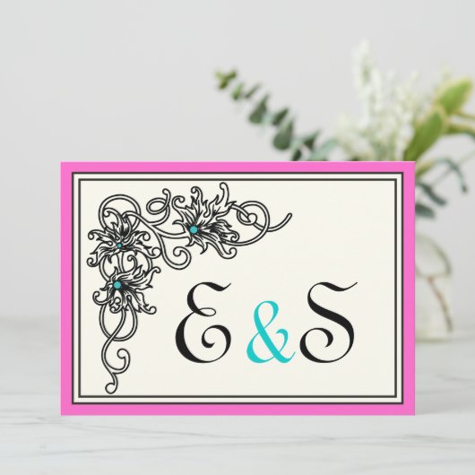 Vlaamse roze turkooise bruiloft kaart (Staand voorkant)