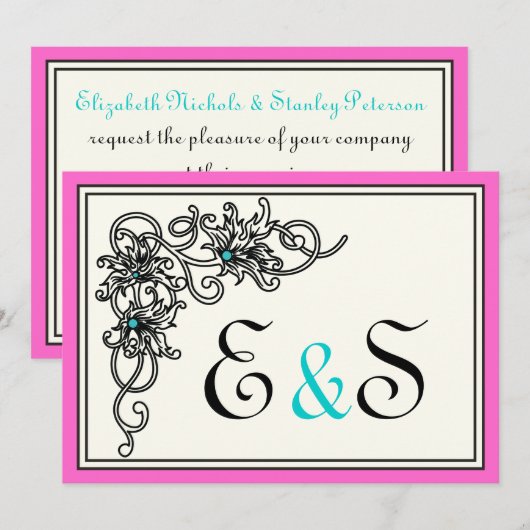 Vlaamse roze turkooise bruiloft kaart (Voorkant / Achterkant)