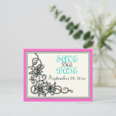 Vlaamse roze turquoise bruiloft Sparen de Datum Aankondigingskaart (Staand voorkant)