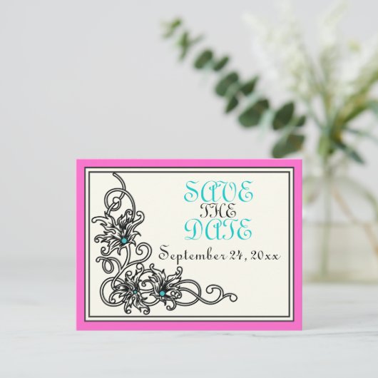 Vlaamse roze turquoise bruiloft Sparen de Datum Aankondigingskaart (Staand voorkant)