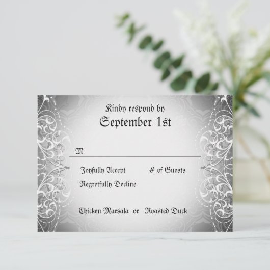 Vlaamse RSVP Bride & Groom Skeleton Dinner Cards (Staand voorkant)
