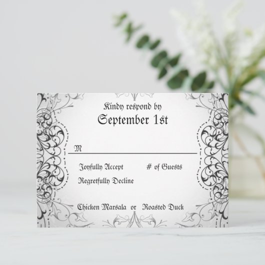 Vlaamse RSVP Bride & Groom Skeleton Dinner Cards (Staand voorkant)