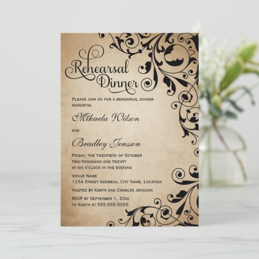  Vlaamse Zwirls Rehearsal Dinner Kaart (Staand voorkant)