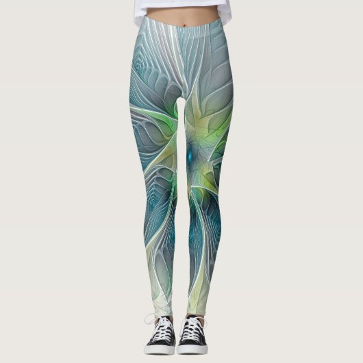 Vlaanderen Fantasy Modern Blue Green Fractal Flowe Leggings (Voorkant)