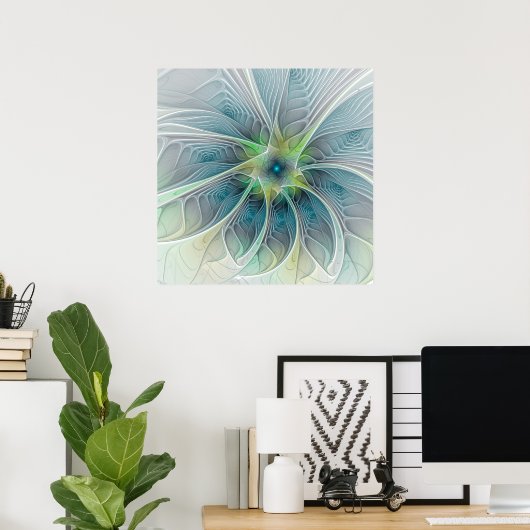 Vlaanderen Fantasy Modern Blue Green Fractal Flowe Poster (Thuiskantoor)