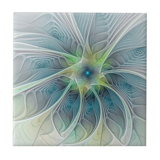 Vlaanderen Fantasy Modern Blue Green Fractal Flowe Tegeltje (Voorkant)