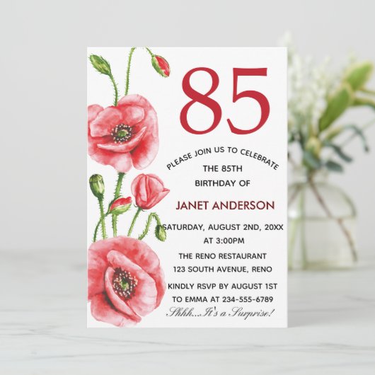 Vlaanderen papaver Waterverf 85th Birthday Party Kaart (Staand voorkant)