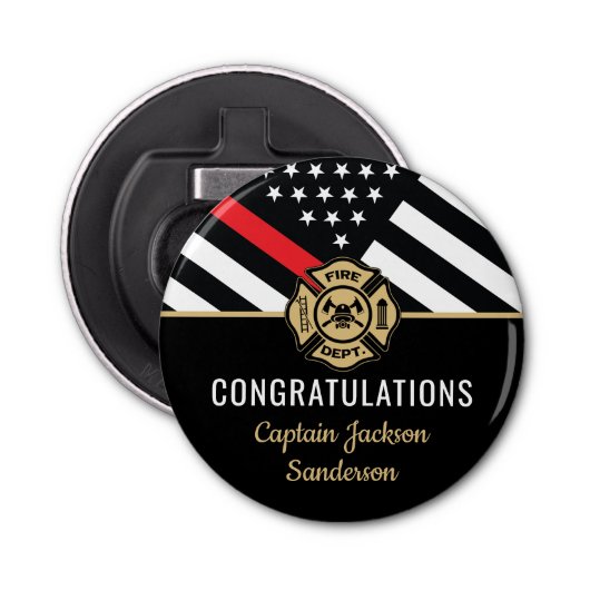 Vlag brandweerman bij rode lijn button flesopener (Voorkant)