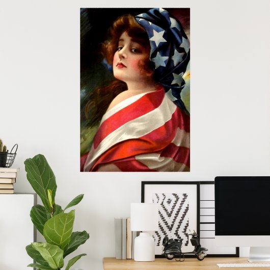 Vlag dame 4 juli patriottische kunst poster (Thuiskantoor)