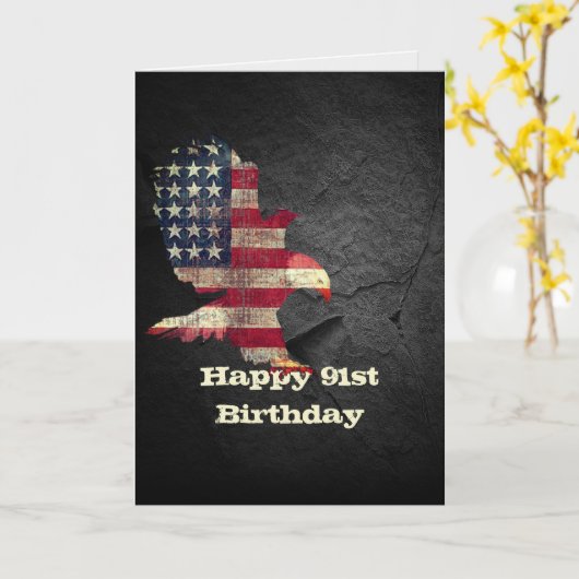 Vlag en Bald Eagle voor 91e verjaardag Kaart (Gele Bloem)