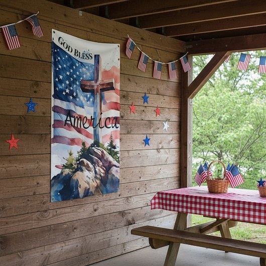 Vlag en kruis "God Bless America" Spandoek