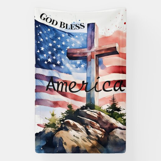 Vlag en kruis "God zegene Amerika" Spandoek (Verticaal)