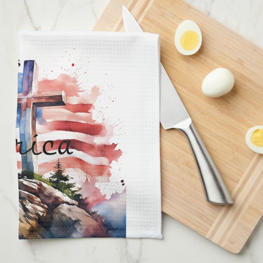 Vlag en kruis "God zegene Amerika" Theedoek (Quarter Fold)