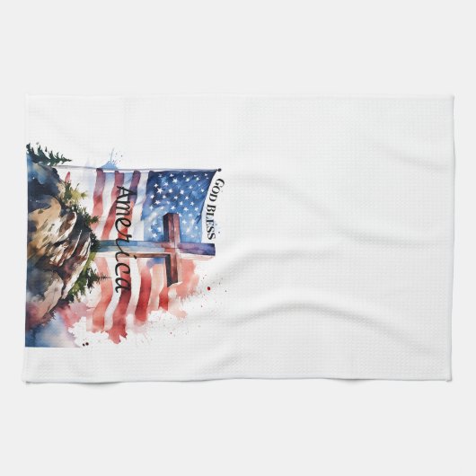 Vlag en kruis "God zegene Amerika" Theedoek (Horizontaal)