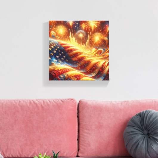 Vlag en vuurwerk op 4 juli canvas afdruk (Insitu (Woonkamer))