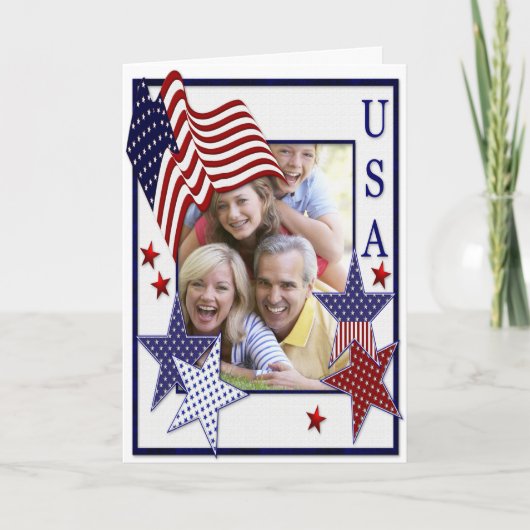 Vlag en vuurwerk van de vierde juli voeg uw Fotoka Kaart (Voorkant)