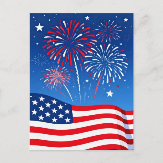 Vlag en Vuurwerk Vier Juli Briefkaart (Voorkant)
