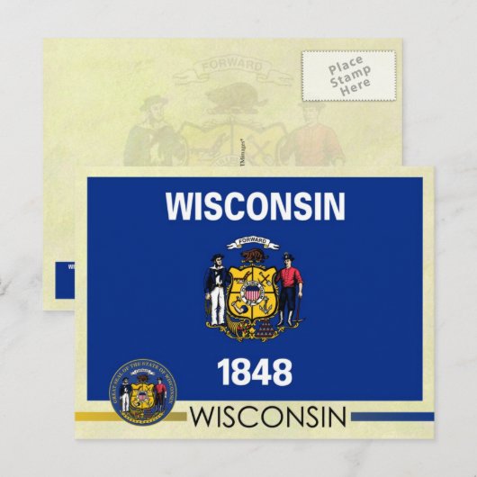 Vlag en zegel van de staat Wisconsin Briefkaart (Voorkant / Achterkant)