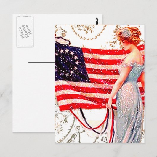 Vlag Lady 4 juli Patriottische Briefkaart Art (Voorkant / Achterkant)