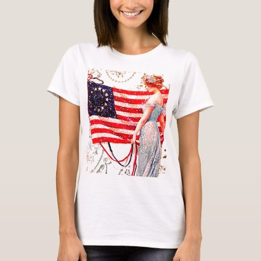 Vlag Lady Vierde  Patriottische Briefkaart Kunst T-shirt (Voorkant)