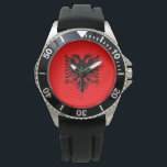 vlag van Albanië Horloge<br><div class="desc">Dit ontwerp is voorzien van de nationale vlag van Albanië (officieel de Republiek Albanië), een land in Zuidoost-Europa op het Adriatische en Ionische Zee in het Middellandse-Zeegebied. Het deelt de landgrenzen met Montenegro aan het noordwesten, Kosovo aan het noordoosten, Noord-Macedonië aan het oosten, Griekenland aan de zuidelijke en maritieme grenzen...</div>