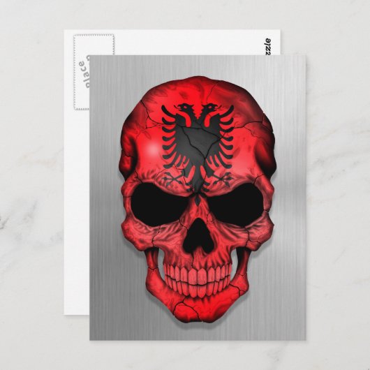 Vlag van Albanië op een stalen schedel Briefkaart (Voorkant / Achterkant)