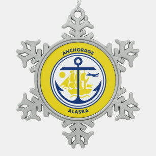 Vlag van Anchorage, Alaska Snowflake Pewter Christ Tin Sneeuwvlok Ornament