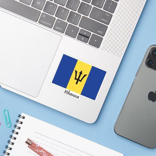 Vlag van Barbados, Jouw naam Sticker (Laptop met iPhone)