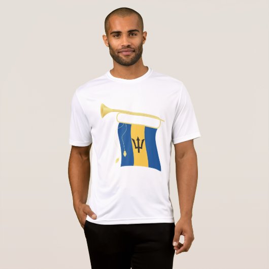 Vlag van Barbados met Bugle Patriotic Caribbean T-shirt (Voorkant volledig)