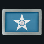 Vlag van de stad Houston, Texas Rechthoekige gorde Gesp<br><div class="desc">Belt Buckle met vlag Houston,  Texas; blauwe vlag met verzegeling van Houston in een witte ster,  met afbeelding van een trein</div>