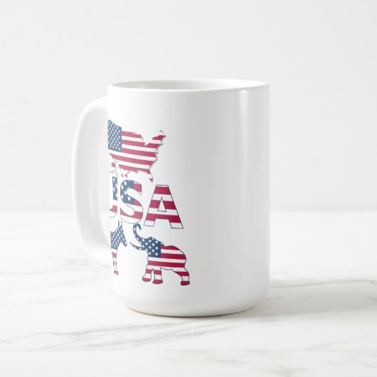 Vlag van de Verenigde Staten Kaart Donkey Elephant Koffiemok (Voorkant links)