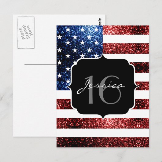Vlag van de VS rode blauwe glitters glinstert Swee Briefkaart (Voorkant / Achterkant)