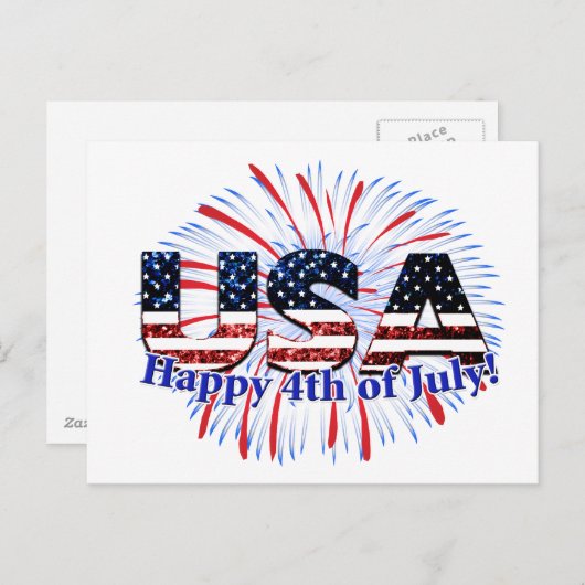 Vlag van de VS tekst glitters vuurwerk Fijne 4e ju Briefkaart (Voorkant / Achterkant)