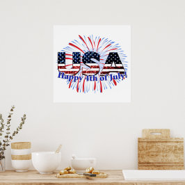 Vlag van de VS tekst glitters vuurwerk Gelukkige 4 Poster