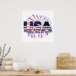 Vlag van de VS tekst glitters vuurwerk Gelukkige 4 Poster