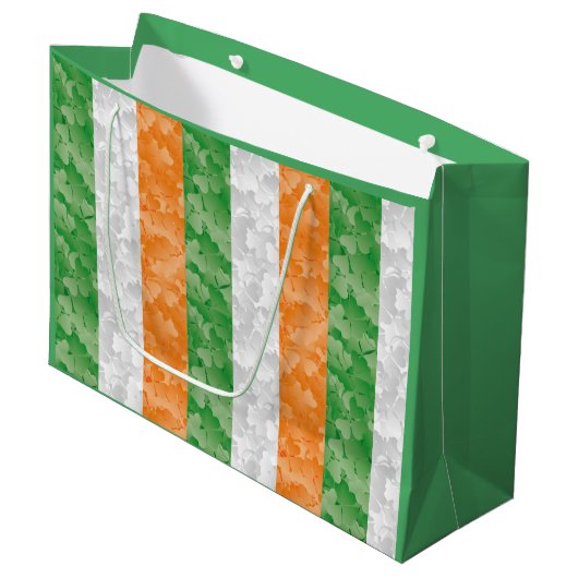 Vlag van Ierland met shamrockpatroon Wijn Gift B Groot Cadeauzakje (Voorkant Gekanteld)