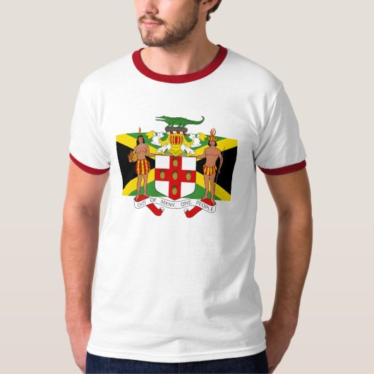 Vlag van Jamaica Coat of Arms Mannen Ringer T T-shirt (Voorkant)