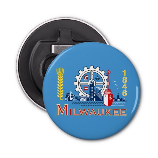 Vlag van Milwaukee, Wisconsin Button Flesopener (Voorkant)