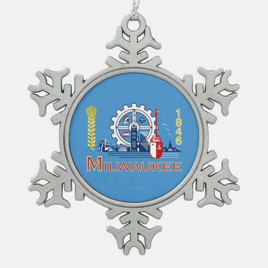 Vlag van Milwaukee, Wisconsin Tin Sneeuwvlok Ornament (Voorkant)
