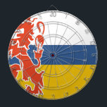 Vlag van Nederlands Limburg Dartbord<br><div class="desc">De vlag van Limburg, een provincie in Nederland. De vlag bestaat uit drie rijen kleuren. De kleuren zijn wit, blauw en geel. Onder de vlag staat een symbool van de rode Limburgse leeuw met een dubbele staart, tegenover de vlaggenstok. De kleinere blauwe middelste rij symboliseert de rivier de Meuse (Maas...</div>